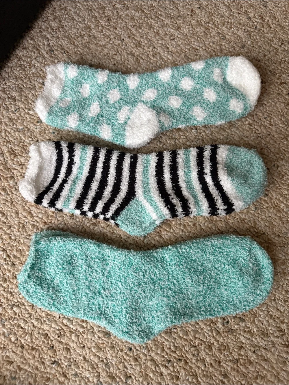 Cozy Mint & White Fuzzy Socks Trio - Women's Plush Lounge Socks